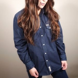 Geo Print Western Pearl Snap Shirt Navy Blue Med